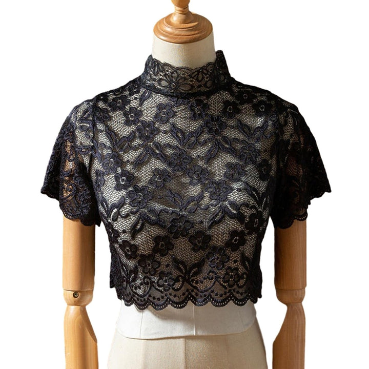 Half High Collar Short Sleeve Fake Collar See-through Solid Color Crochet Flower Pattern Lace Bottoming Top Clothing Image 11