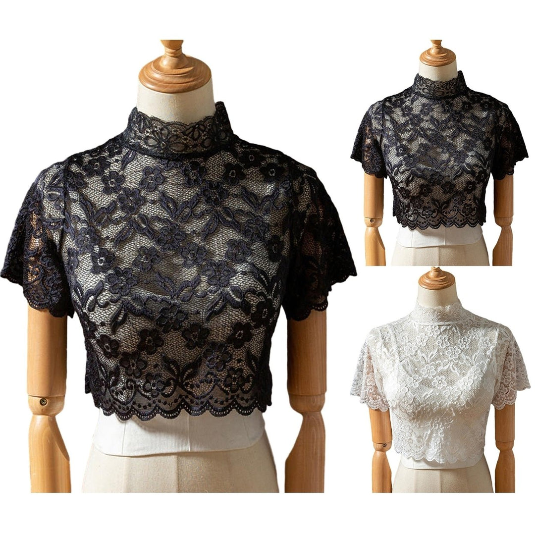 Half High Collar Short Sleeve Fake Collar See-through Solid Color Crochet Flower Pattern Lace Bottoming Top Clothing Image 12