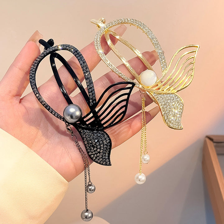 Faux Pearls Tassel Hair Barrette Anti-slip Teeth Exquisite Fishtail Twist Shape Rhinestone Hair Claw Styling Tool Image 8