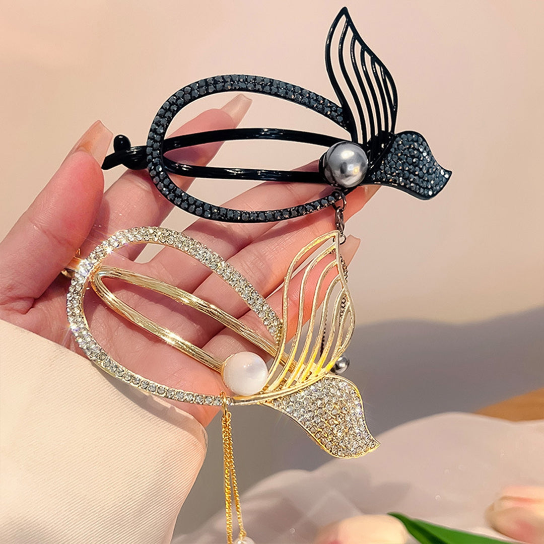 Faux Pearls Tassel Hair Barrette Anti-slip Teeth Exquisite Fishtail Twist Shape Rhinestone Hair Claw Styling Tool Image 9