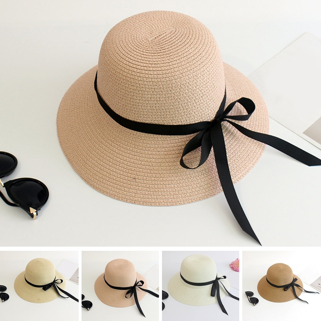 Sun Hat with Windproof Rope Elegant Foldable Anti-UV Women Wide Brim Straw Woven Sunscreen Cap Daily Wear Image 1