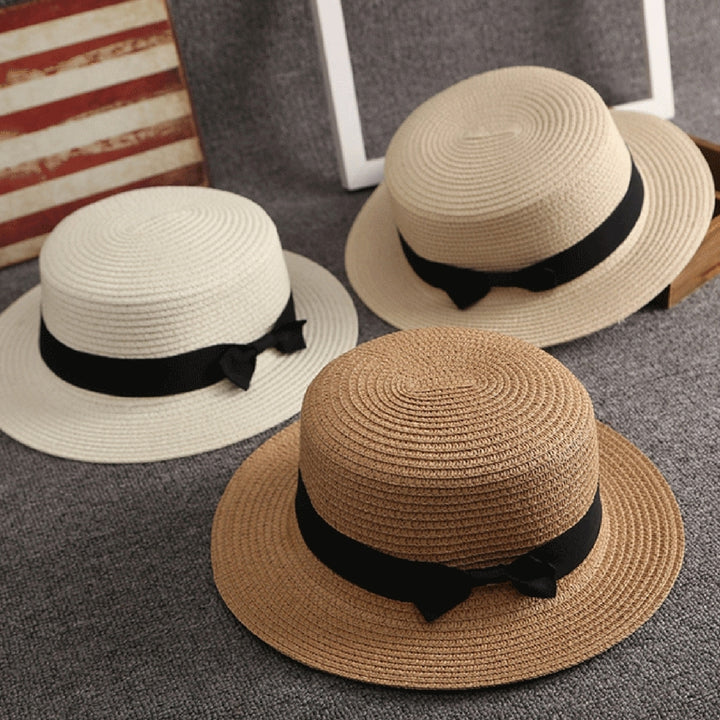 Bowknot Decor Flat Dome Straw Hat Folding Thin Women Wide Brim Sunscreen Bucket Hat Fashion Accessories Image 1