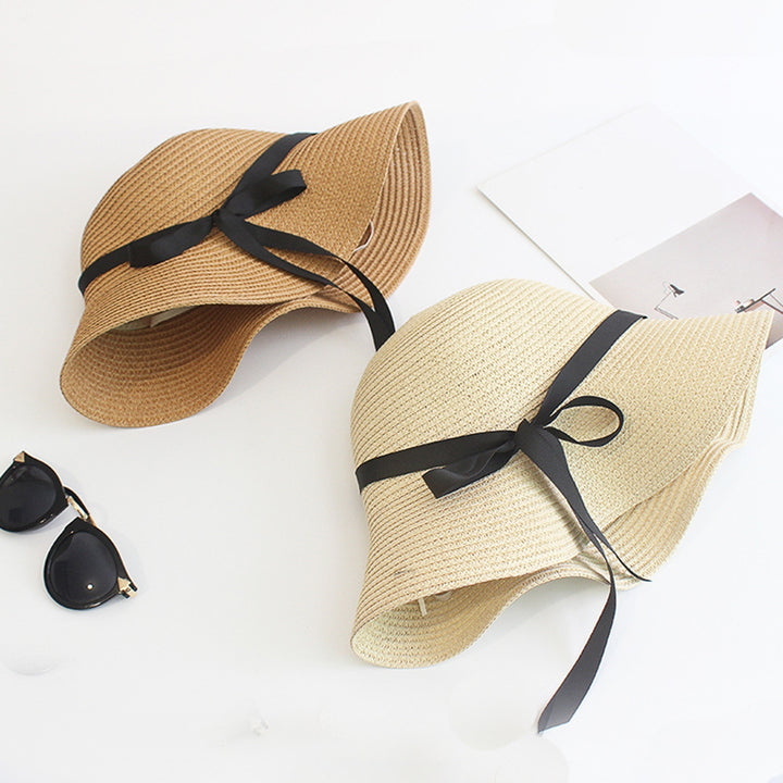 Sun Hat with Windproof Rope Elegant Foldable Anti-UV Women Wide Brim Straw Woven Sunscreen Cap Daily Wear Image 7