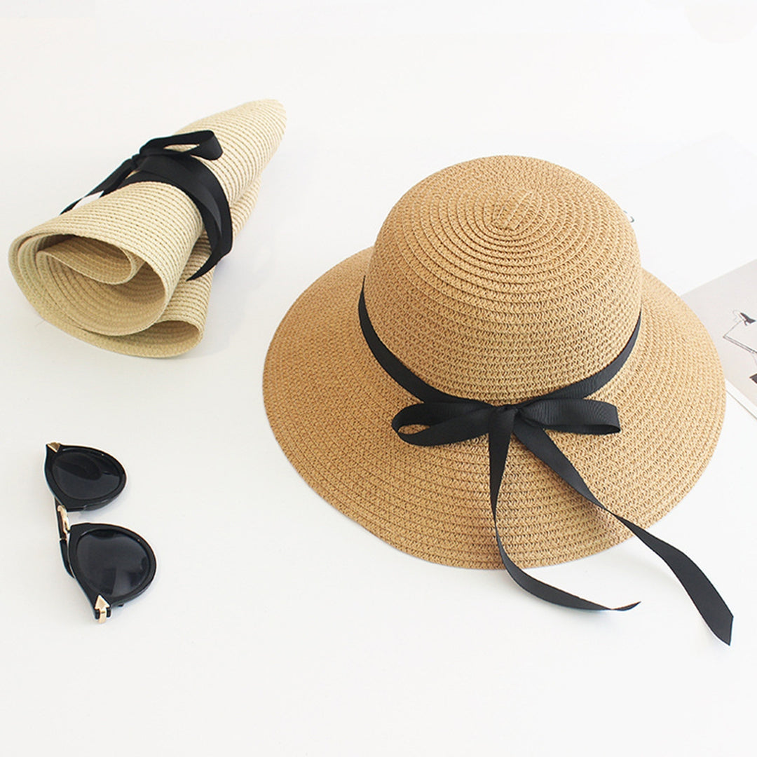 Sun Hat with Windproof Rope Elegant Foldable Anti-UV Women Wide Brim Straw Woven Sunscreen Cap Daily Wear Image 8