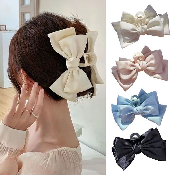 Women Hair Claw Anti-slip Elastic Spring Strong Claw Big Bow-knot Double Layers Hair Decoration Solid Color Princess Image 1