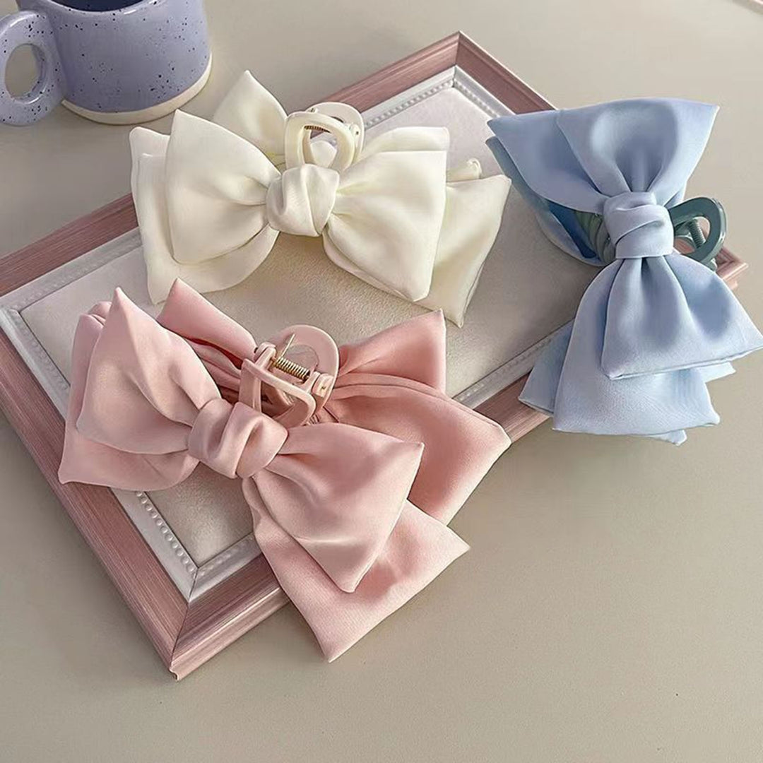 Women Hair Claw Anti-slip Elastic Spring Strong Claw Big Bow-knot Double Layers Hair Decoration Solid Color Princess Image 7