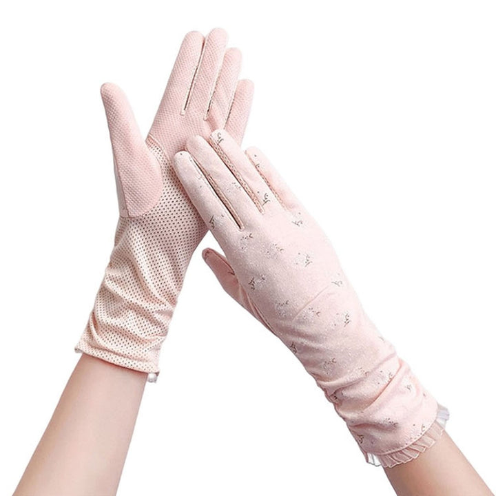 1 Pair Floral Print Anti-slip Palm Driving Gloves Full Finger Lace Stitching Wrist Extended Girls Image 1