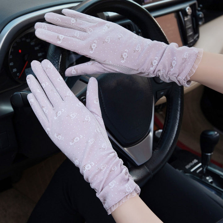1 Pair Floral Print Anti-slip Palm Driving Gloves Full Finger Lace Stitching Wrist Extended Girls Image 9