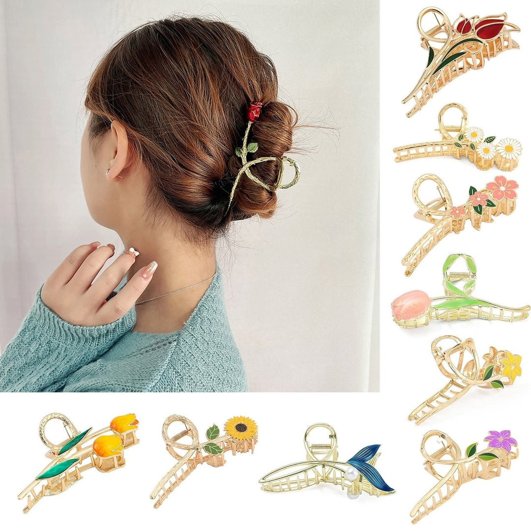 Flowers Hollow Metal Hair Claw Elegant Tulip Shark Hair Clip Spring Design Strong Holding Non-slip Girl Ponytail Image 1