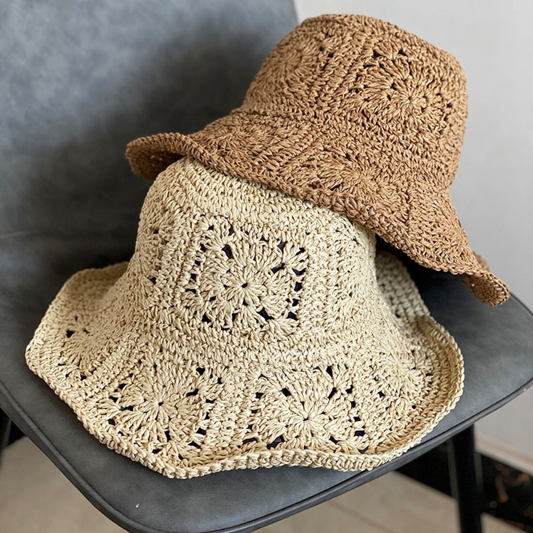 Women Summer Solid Color Crochet Straw Hat Foldable Wide Brim UV Protection Hollow Breathable Beach Bucket Sun Hat Image 1