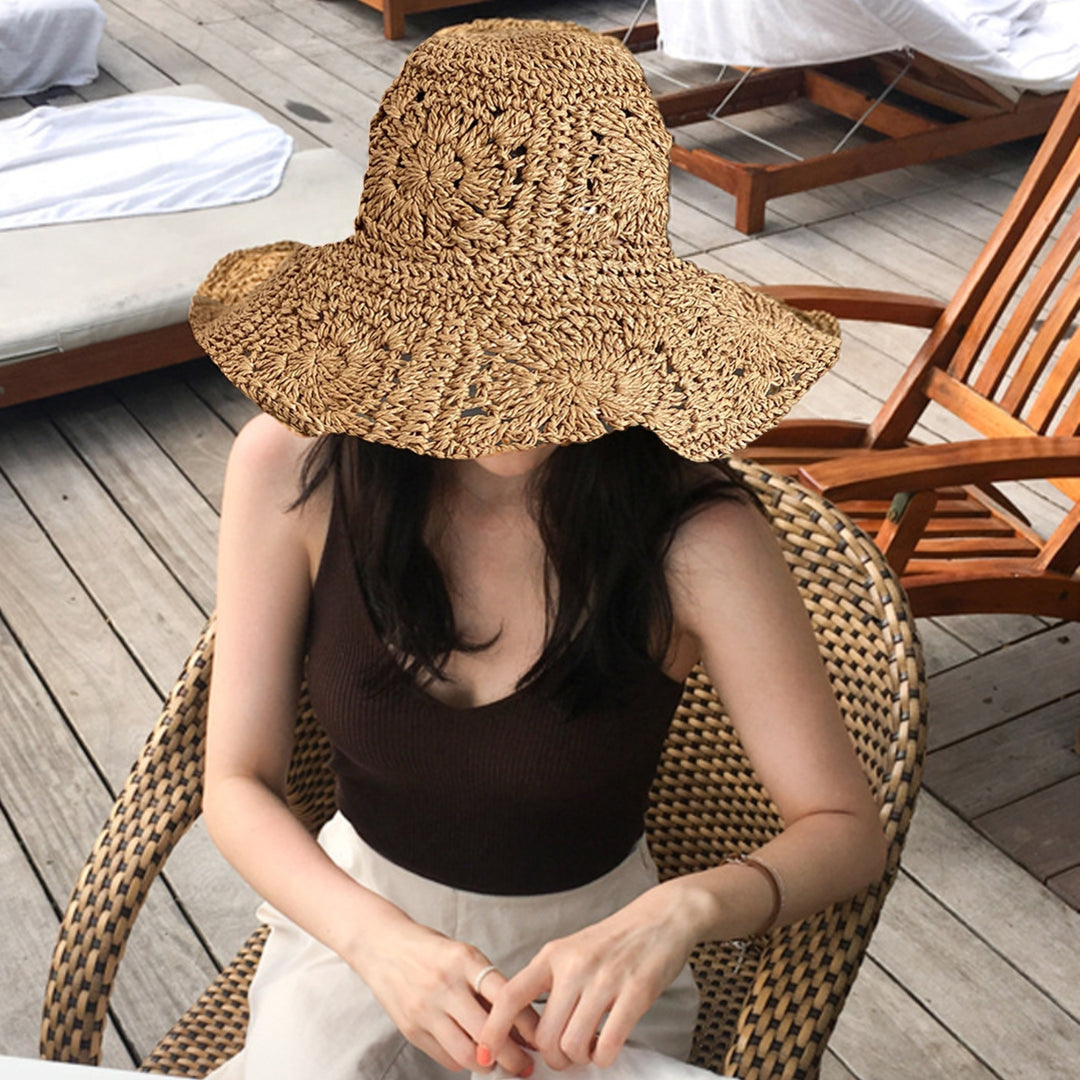 Women Summer Solid Color Crochet Straw Hat Foldable Wide Brim UV Protection Hollow Breathable Beach Bucket Sun Hat Image 2