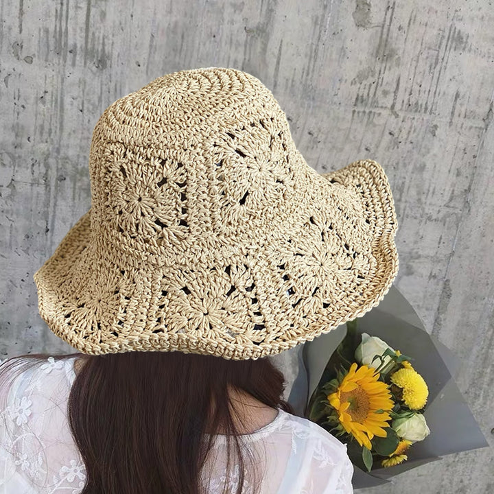 Women Summer Solid Color Crochet Straw Hat Foldable Wide Brim UV Protection Hollow Breathable Beach Bucket Sun Hat Image 3