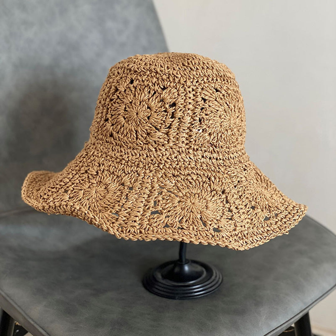 Women Summer Solid Color Crochet Straw Hat Foldable Wide Brim UV Protection Hollow Breathable Beach Bucket Sun Hat Image 4