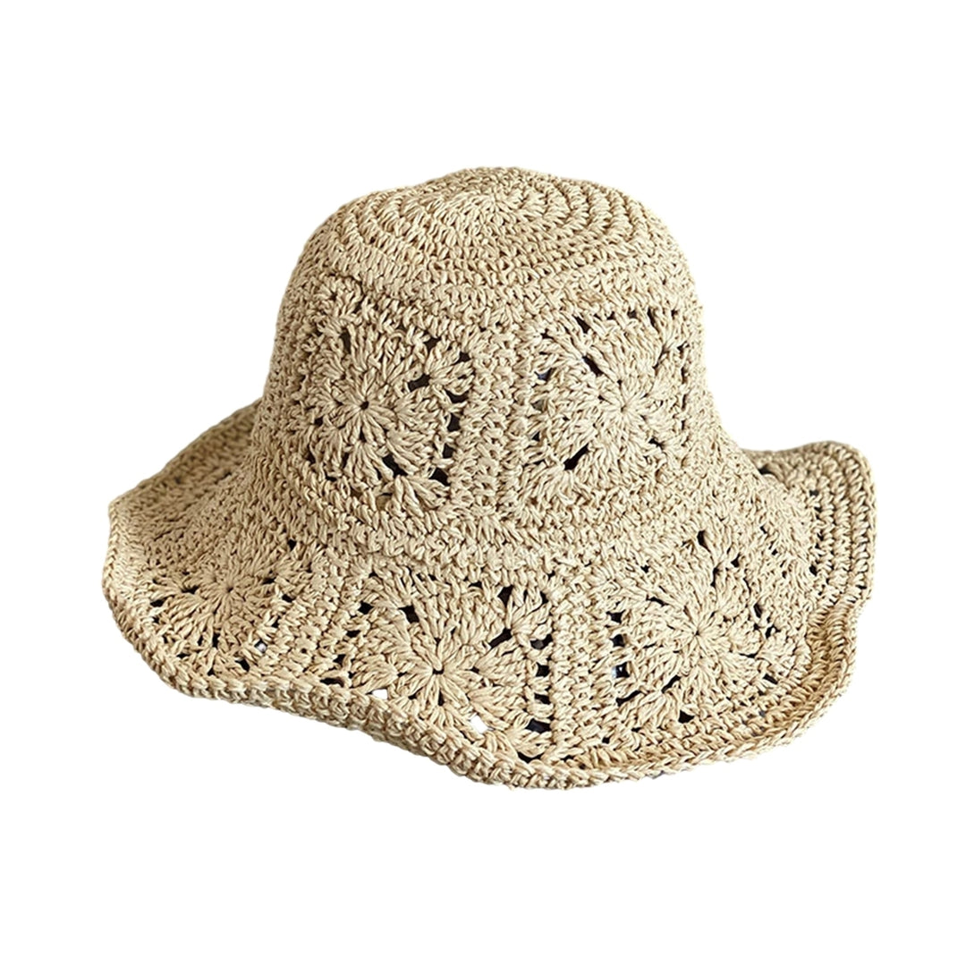 Women Summer Solid Color Crochet Straw Hat Foldable Wide Brim UV Protection Hollow Breathable Beach Bucket Sun Hat Image 4