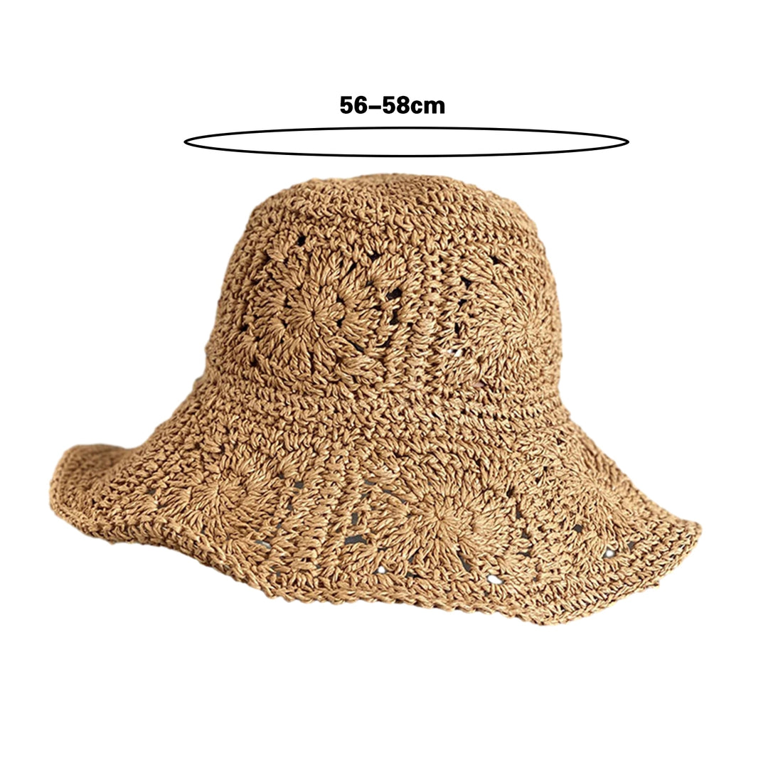 Women Summer Solid Color Crochet Straw Hat Foldable Wide Brim UV Protection Hollow Breathable Beach Bucket Sun Hat Image 6