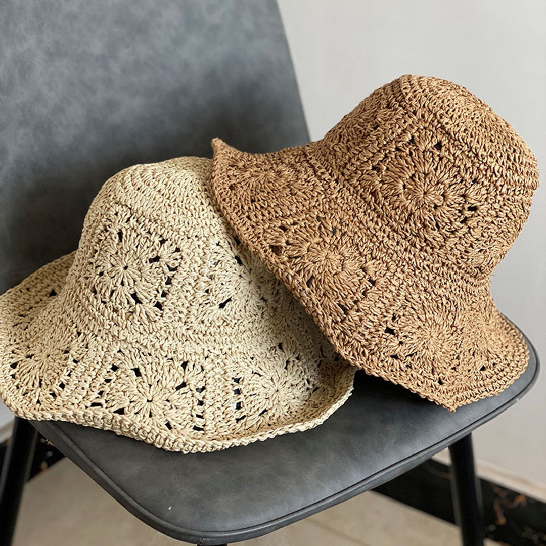 Women Summer Solid Color Crochet Straw Hat Foldable Wide Brim UV Protection Hollow Breathable Beach Bucket Sun Hat Image 7