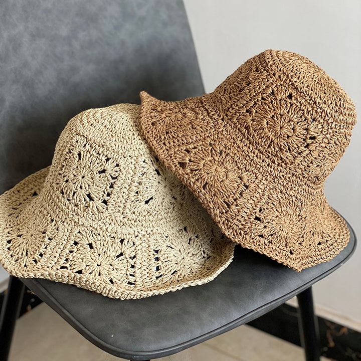 Women Summer Solid Color Crochet Straw Hat Foldable Wide Brim UV Protection Hollow Breathable Beach Bucket Sun Hat Image 7