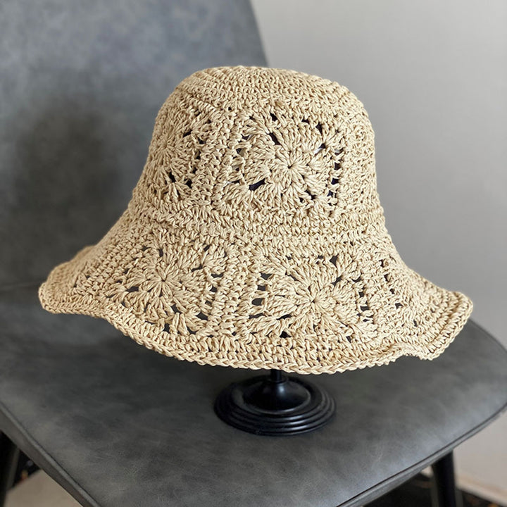 Women Summer Solid Color Crochet Straw Hat Foldable Wide Brim UV Protection Hollow Breathable Beach Bucket Sun Hat Image 8