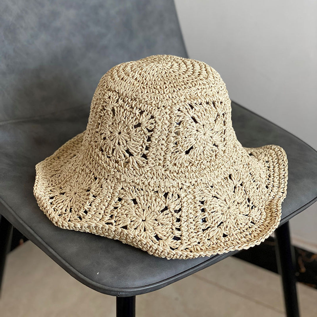 Women Summer Solid Color Crochet Straw Hat Foldable Wide Brim UV Protection Hollow Breathable Beach Bucket Sun Hat Image 9