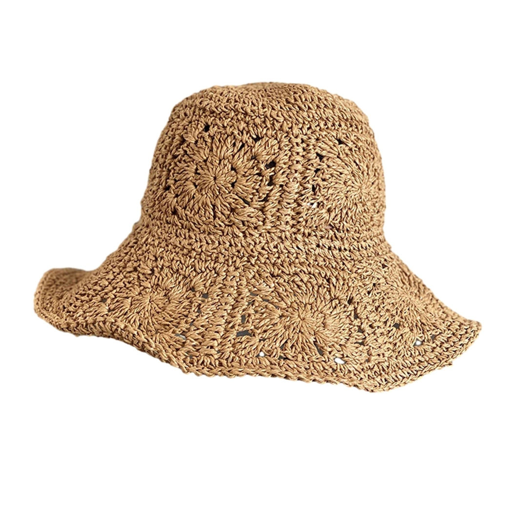 Women Summer Solid Color Crochet Straw Hat Foldable Wide Brim UV Protection Hollow Breathable Beach Bucket Sun Hat Image 10