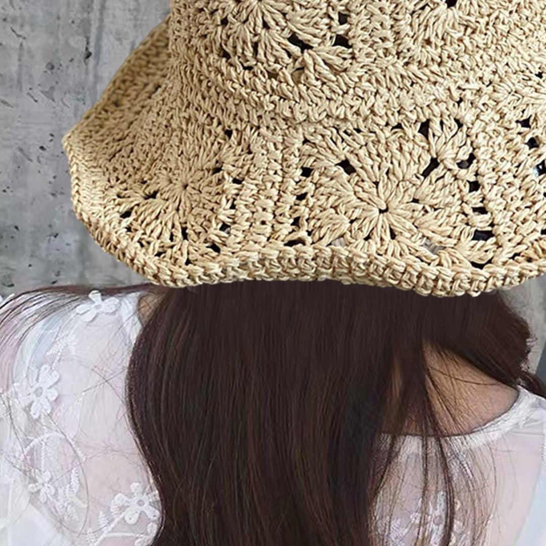 Women Summer Solid Color Crochet Straw Hat Foldable Wide Brim UV Protection Hollow Breathable Beach Bucket Sun Hat Image 11