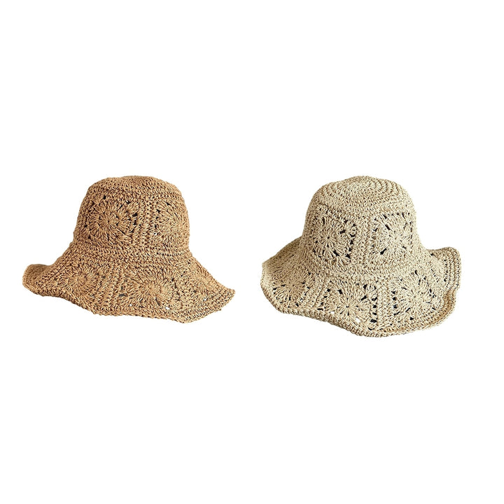 Women Summer Solid Color Crochet Straw Hat Foldable Wide Brim UV Protection Hollow Breathable Beach Bucket Sun Hat Image 12