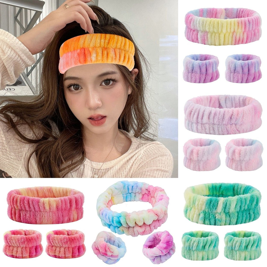 3Pcs/Set Tie Dye Print High Elasticity Makeup Headband Fluffy Sweet Microfiber Absorbent Flannel Spa Wristband Headband Image 1