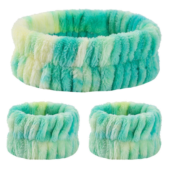 3Pcs/Set Tie Dye Print High Elasticity Makeup Headband Fluffy Sweet Microfiber Absorbent Flannel Spa Wristband Headband Image 3