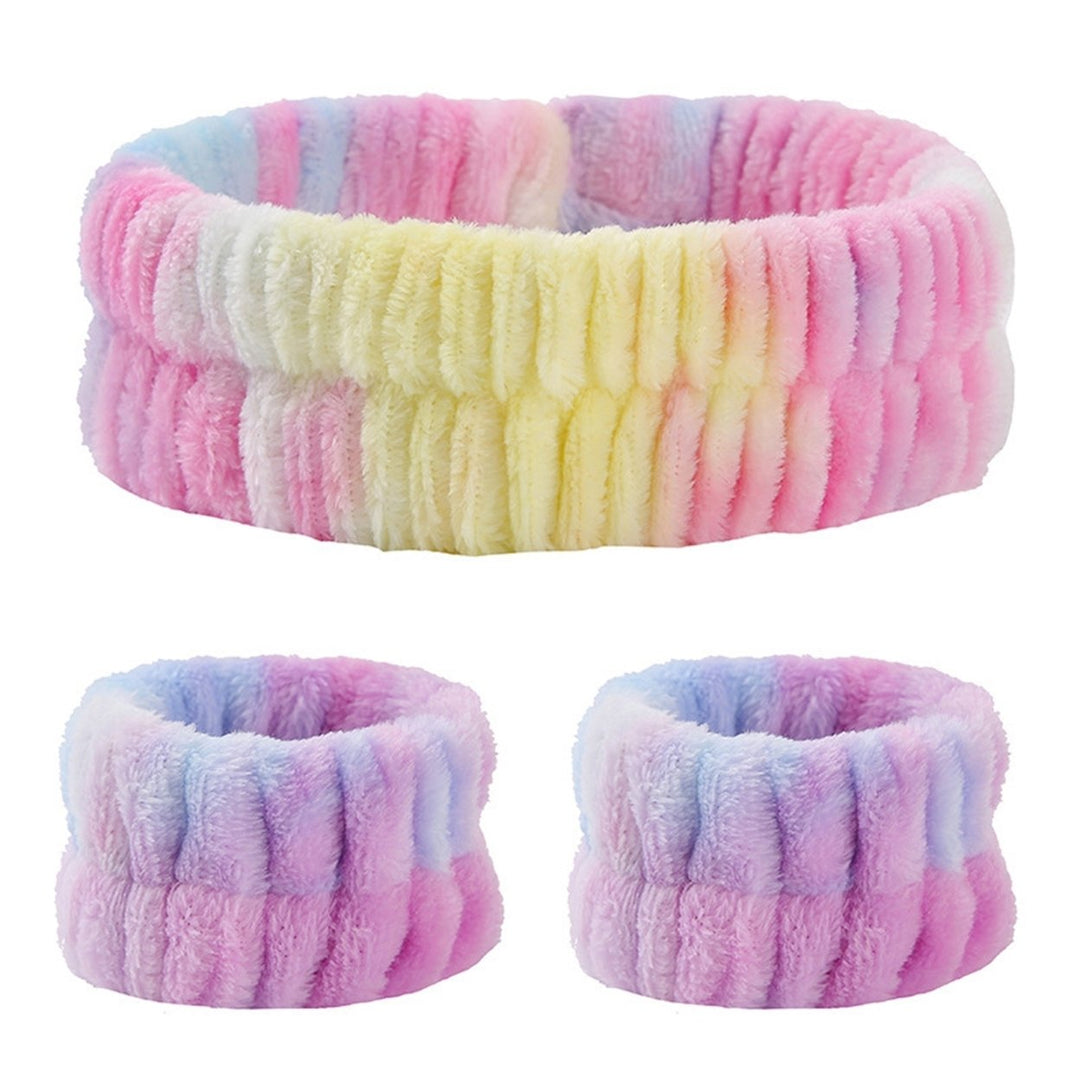 3Pcs/Set Tie Dye Print High Elasticity Makeup Headband Fluffy Sweet Microfiber Absorbent Flannel Spa Wristband Headband Image 4