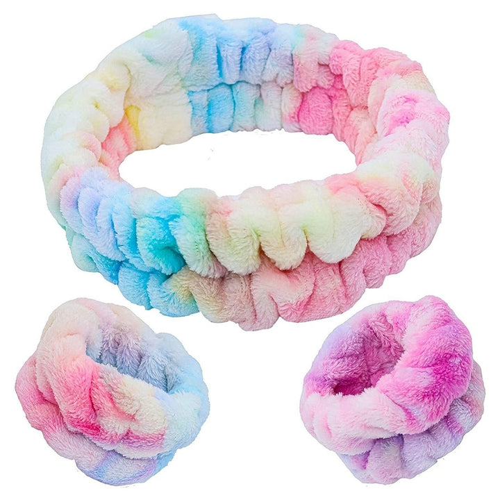 3Pcs/Set Tie Dye Print High Elasticity Makeup Headband Fluffy Sweet Microfiber Absorbent Flannel Spa Wristband Headband Image 7