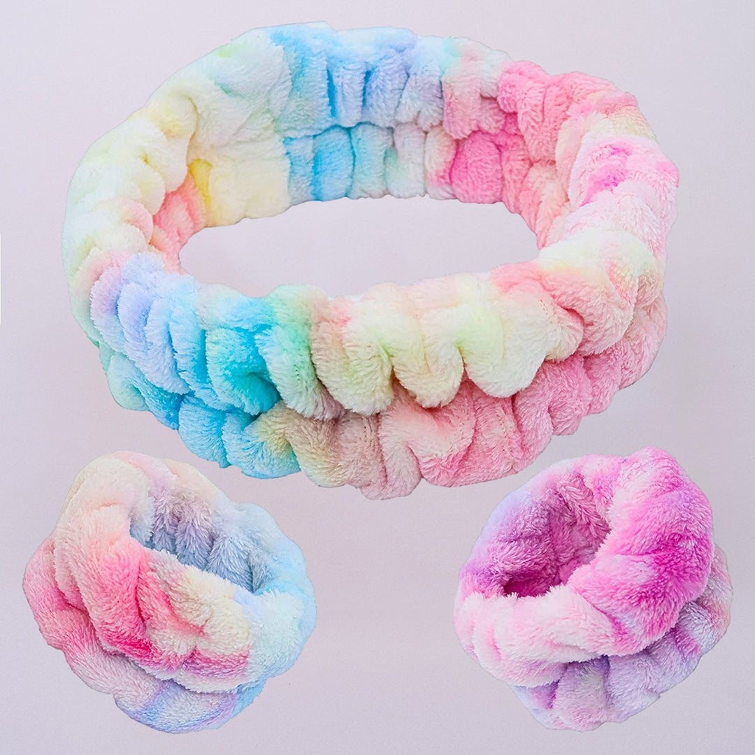 3Pcs/Set Tie Dye Print High Elasticity Makeup Headband Fluffy Sweet Microfiber Absorbent Flannel Spa Wristband Headband Image 10