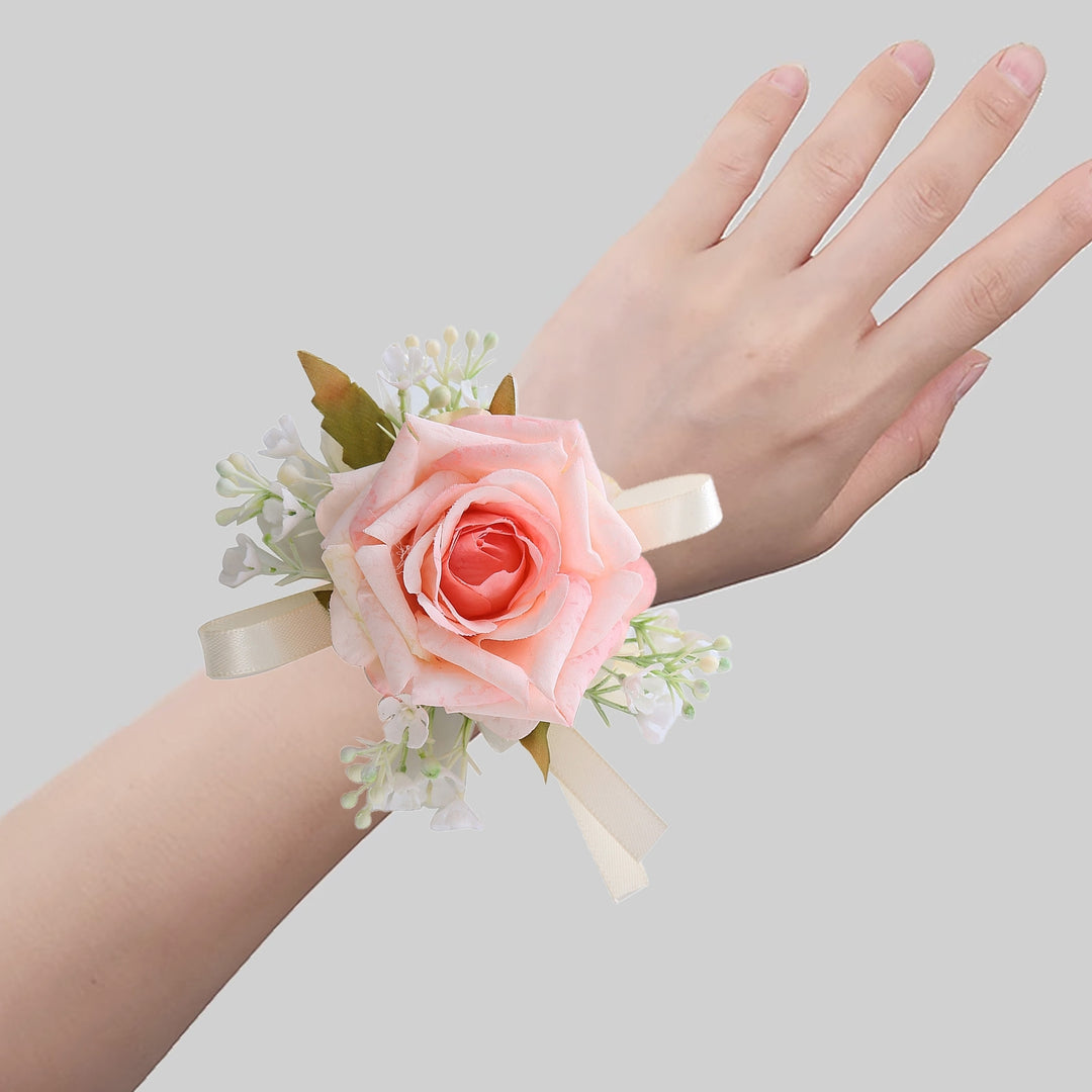 Green Leaf Ribbon Realistic Wrist Flower Bride Bridesmaid Sisters Group Fake Rose Hand Flower Wedding Supplies Image 4