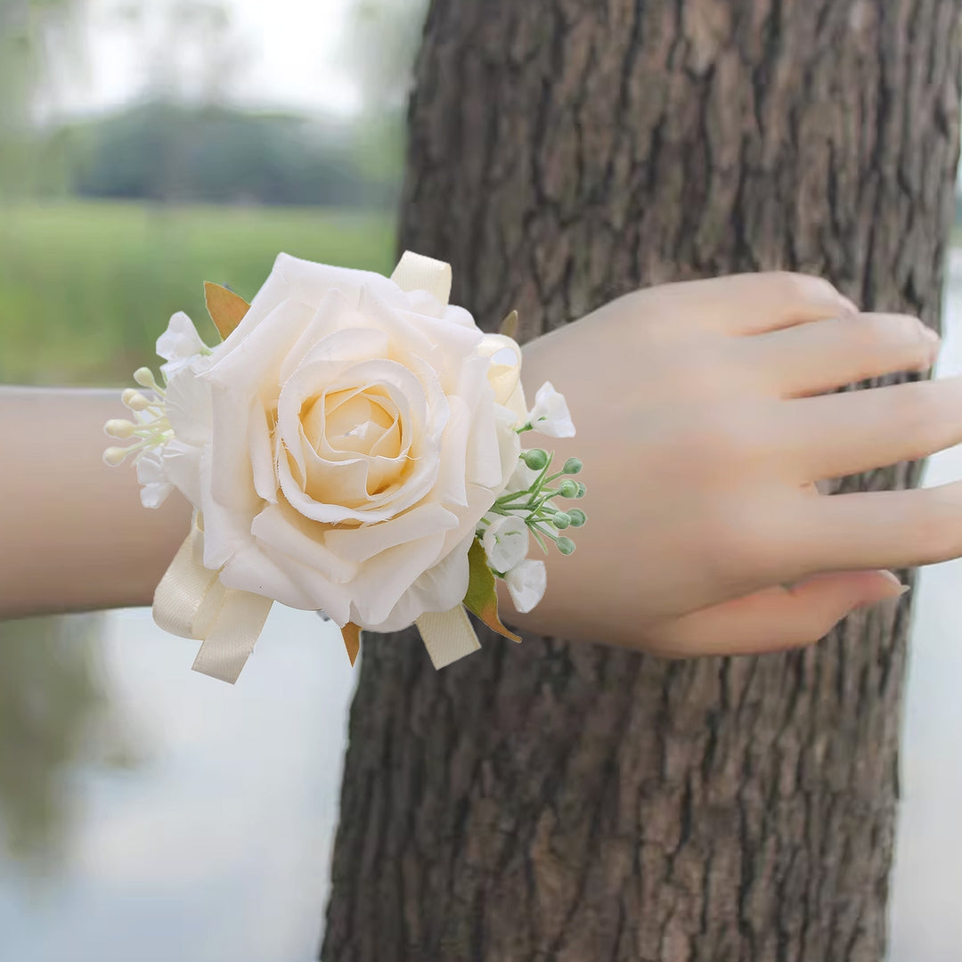 Green Leaf Ribbon Realistic Wrist Flower Bride Bridesmaid Sisters Group Fake Rose Hand Flower Wedding Supplies Image 7