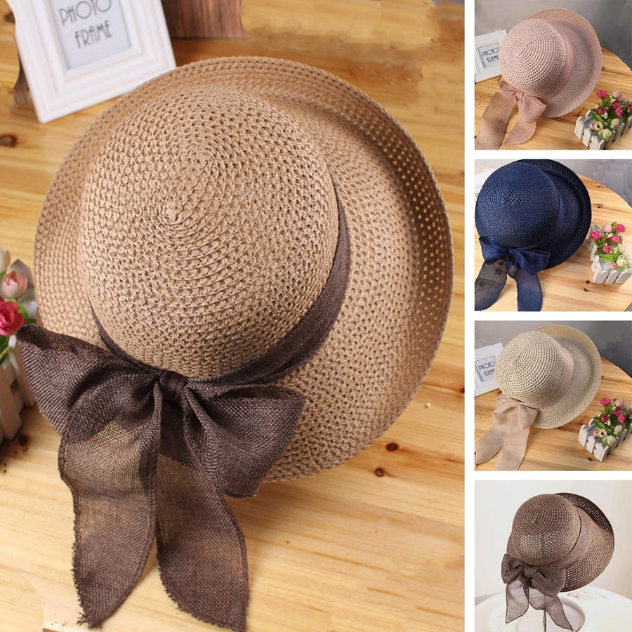 Ribbon Bowknot Decor Straw Hat Round Dome Solid Color Folding Women Big Brim Sunscreen Travel Hat Fashion Accessories Image 1