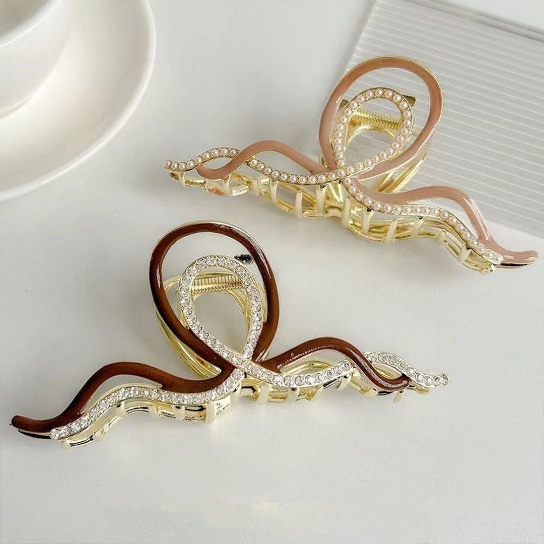 Women Hair Claw Wave Shape Strong Grip Non-slip Stable Hollow Out Hair Decoration Rhinestone Faux Pearl Lady Hair Image 11