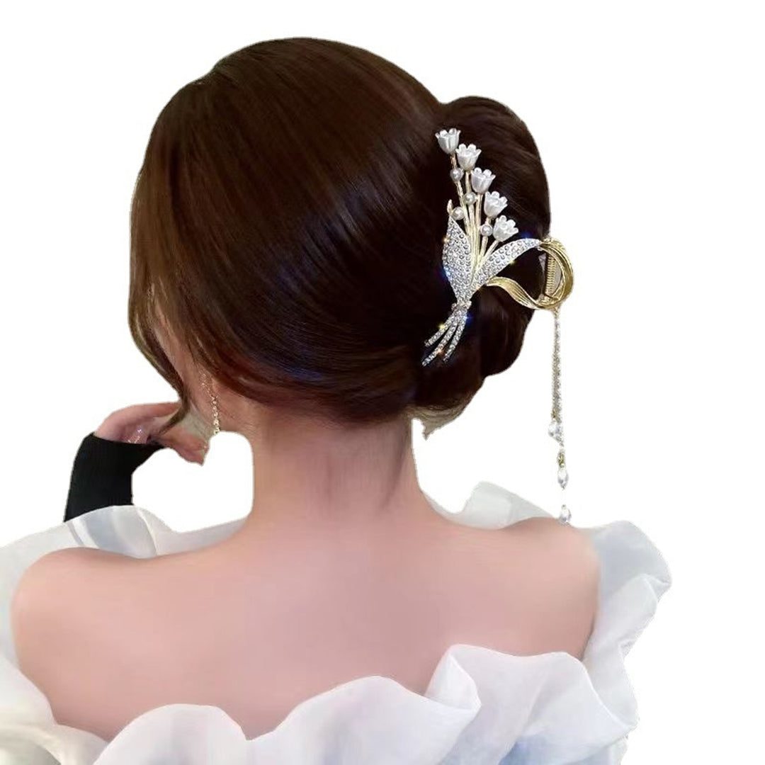 Hair Gripper Rhinestone Shining Elegant Sturdy Exquisite Daily Wear Alloy Orchid Tassel Hair Claw Headdress Image 3