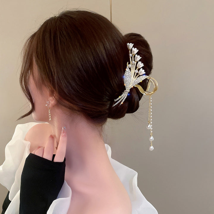 Hair Gripper Rhinestone Shining Elegant Sturdy Exquisite Daily Wear Alloy Orchid Tassel Hair Claw Headdress Image 4