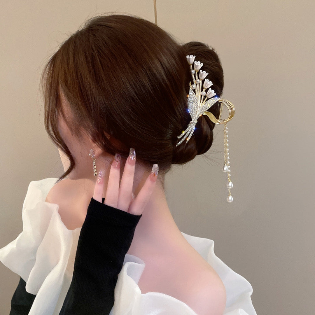Hair Gripper Rhinestone Shining Elegant Sturdy Exquisite Daily Wear Alloy Orchid Tassel Hair Claw Headdress Image 10
