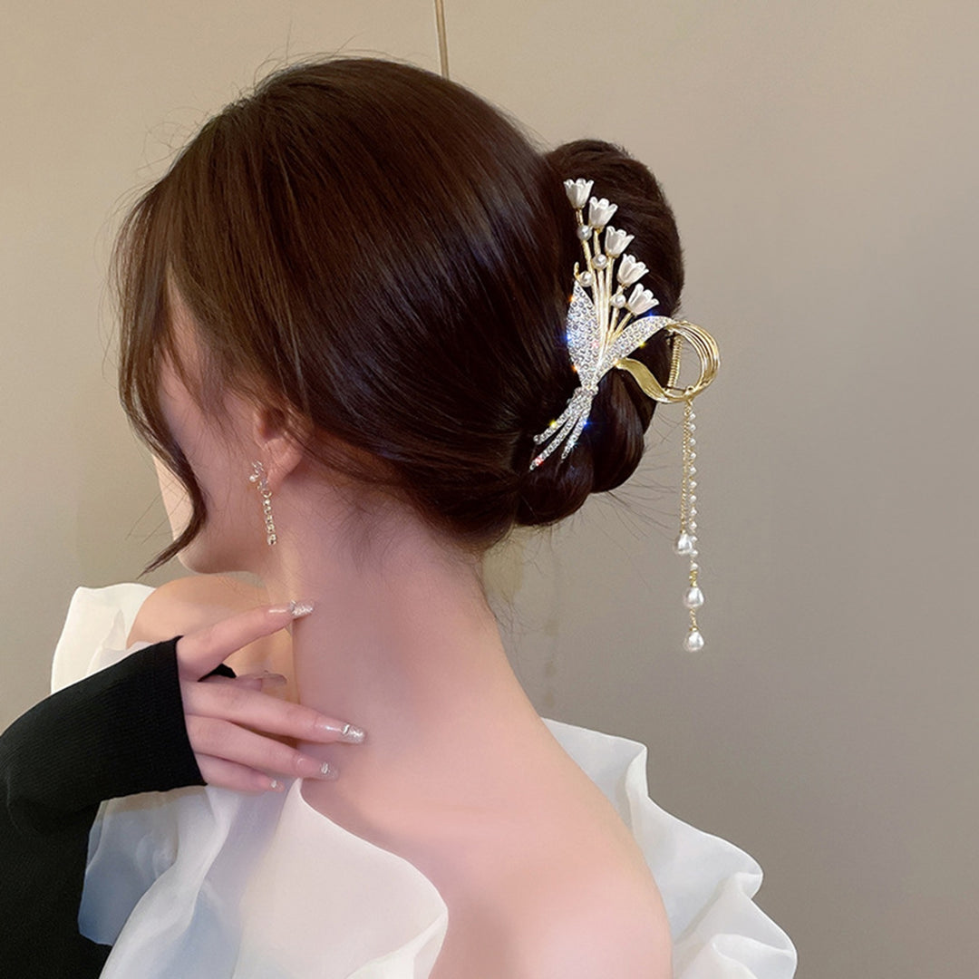Hair Gripper Rhinestone Shining Elegant Sturdy Exquisite Daily Wear Alloy Orchid Tassel Hair Claw Headdress Image 11