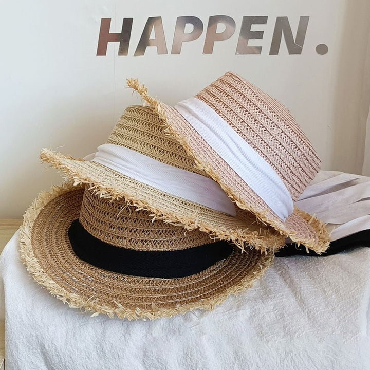 Women Sunhat Large Brim Sun Protection Windproof Decorative Contrast Color Anti-UV Manual Braided Image 1