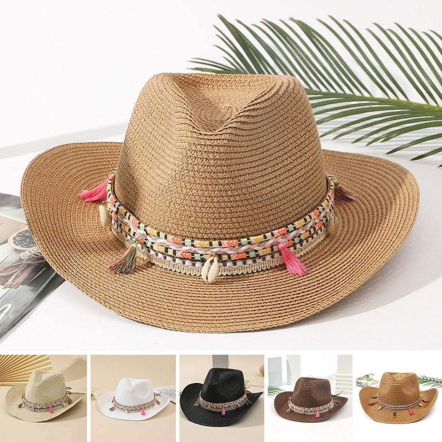 Bohemia Style Straw Hat Tassel Shell Colorful Rope Decor Non-stuffy Unisex Big Brim Sunscreen Jazz Hat Fashion Image 1