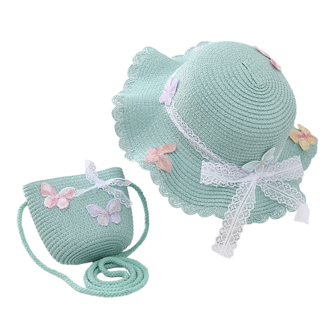 Children Straw Sun Hat Braided Breathable Sun Protection Butterfly Decor Bow-knot Anti-UV Lace Curled Edge Beach Hat Bag Image 1