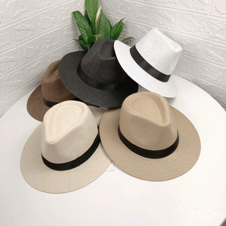 Band Decor Flat Dome Straw Hat Folding Thin Non-stuffy Anti-UV Men Big Brim Sunscreen Jazz Hat Fashion Accessories Image 1