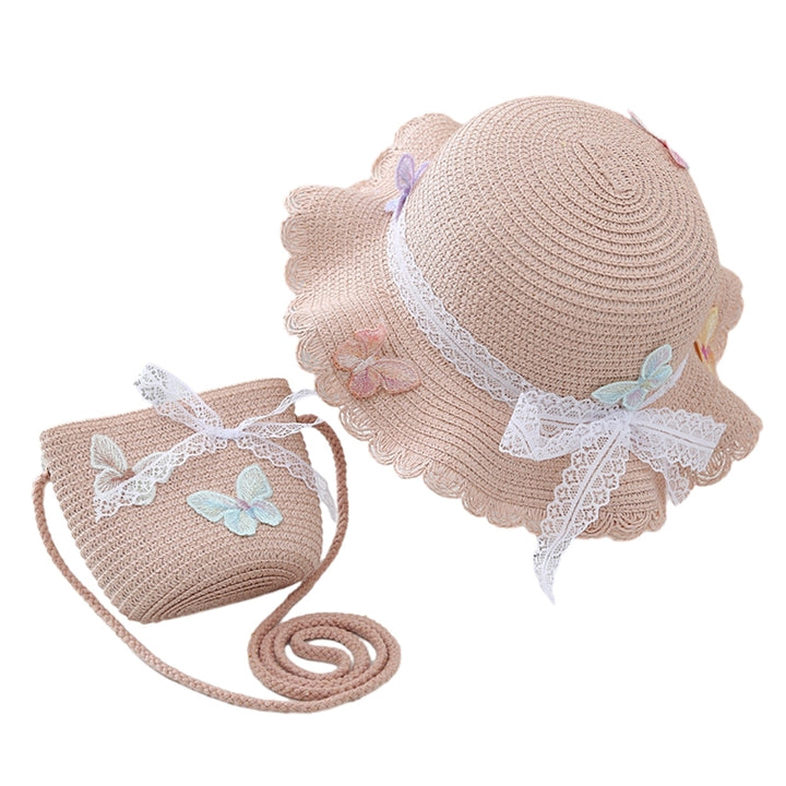 Children Straw Sun Hat Braided Breathable Sun Protection Butterfly Decor Bow-knot Anti-UV Lace Curled Edge Beach Hat Bag Image 3