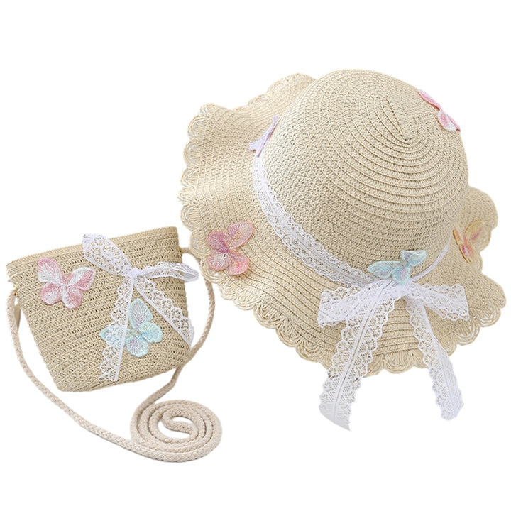 Children Straw Sun Hat Braided Breathable Sun Protection Butterfly Decor Bow-knot Anti-UV Lace Curled Edge Beach Hat Bag Image 4