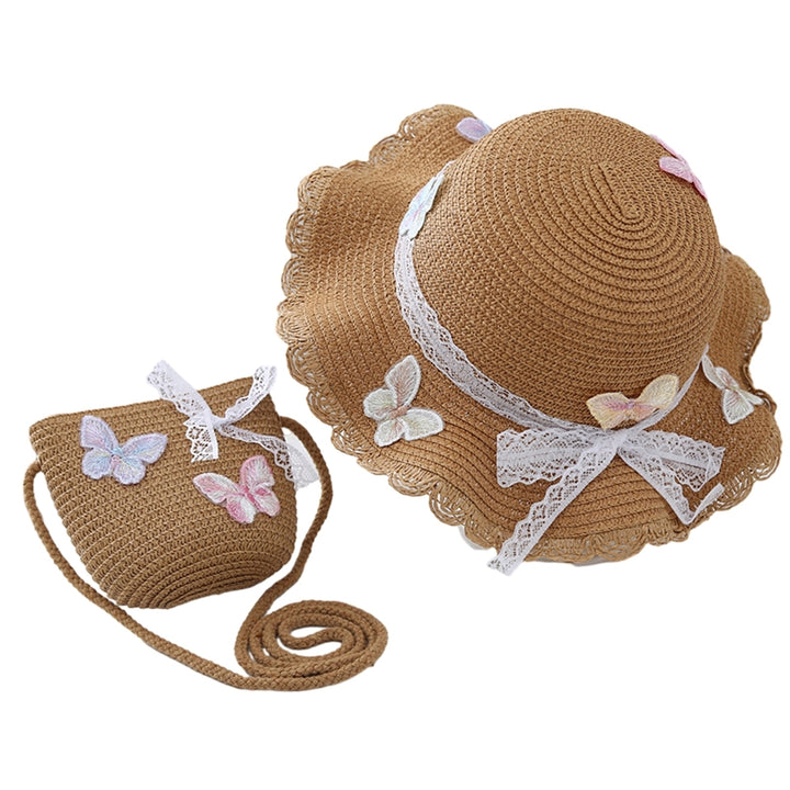 Children Straw Sun Hat Braided Breathable Sun Protection Butterfly Decor Bow-knot Anti-UV Lace Curled Edge Beach Hat Bag Image 4