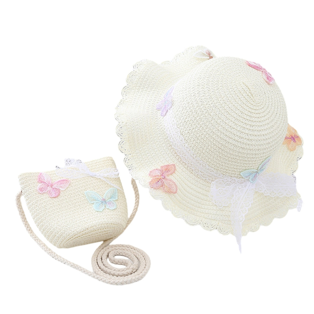 Children Straw Sun Hat Braided Breathable Sun Protection Butterfly Decor Bow-knot Anti-UV Lace Curled Edge Beach Hat Bag Image 6