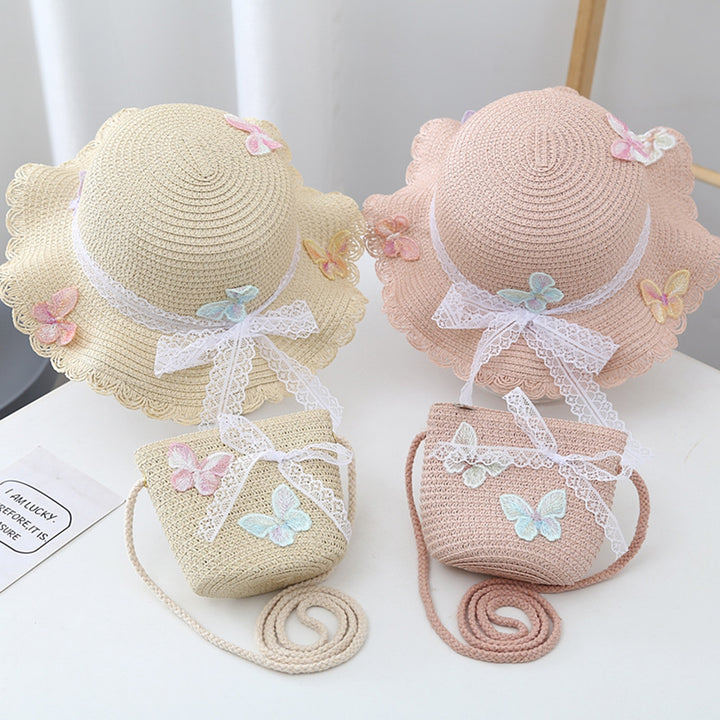 Children Straw Sun Hat Braided Breathable Sun Protection Butterfly Decor Bow-knot Anti-UV Lace Curled Edge Beach Hat Bag Image 7