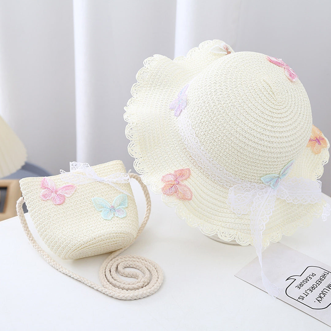 Children Straw Sun Hat Braided Breathable Sun Protection Butterfly Decor Bow-knot Anti-UV Lace Curled Edge Beach Hat Bag Image 8