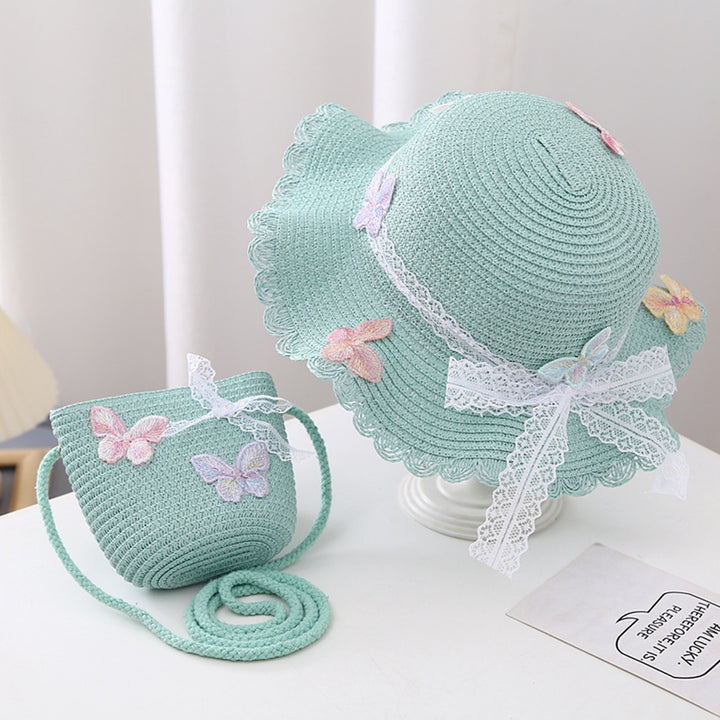 Children Straw Sun Hat Braided Breathable Sun Protection Butterfly Decor Bow-knot Anti-UV Lace Curled Edge Beach Hat Bag Image 9